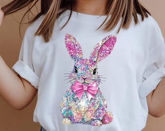 Coquette Pink Bow Bunny Shirt, Glitter Easter Bunny Tee, Sparkly Rabbit Shirt, Gift For Kids, Cute Easter Toddler T-Shirt, Cute Easter Gift