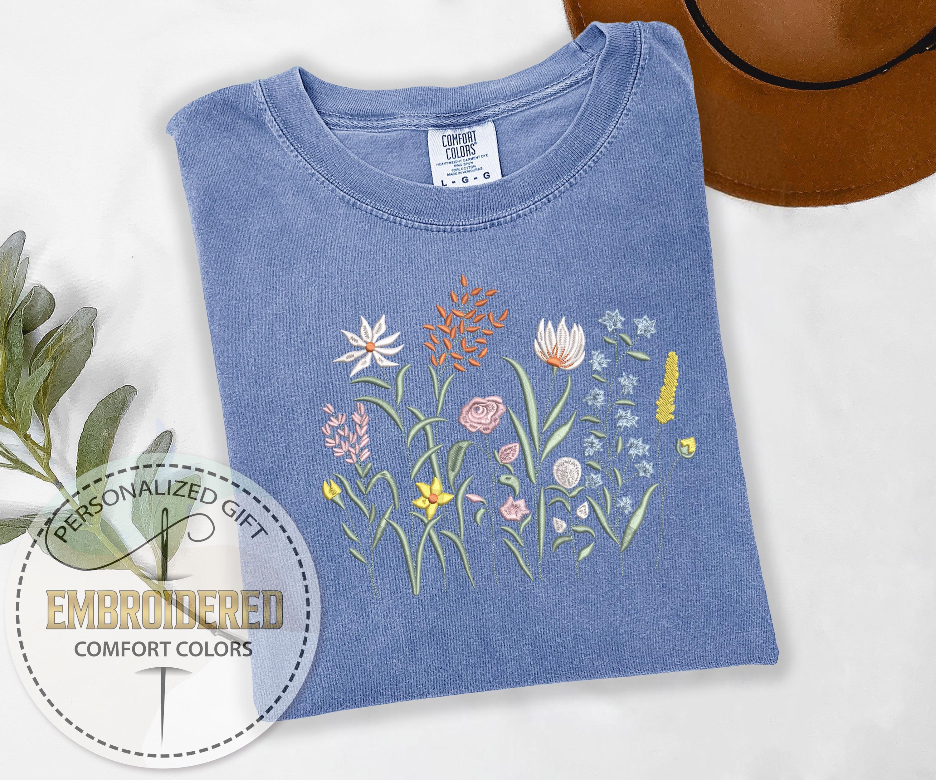 Wildflower Embroidered Shirt, Comfort Colors Tee, Cottagecore Botanical ...