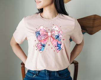 Cute Pink Love Tee, Stitch And Angel Couple Shirt, Disney Inspired Valentine Top, Pastel Cartoon Gift For Her, Gift For Her, Disneyland Tee