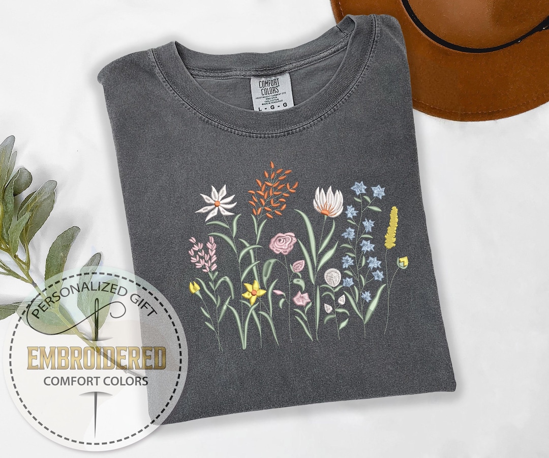 Wildflower Embroidered Shirt, Comfort Colors Tee, Cottagecore Botanical ...