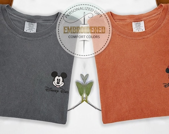 Mickey Dad & Minnie Mom Shirt, Embroidered Pocket Design, Comfort Colors Shirt, Disney Parent T-shirt, Park Day Gift For Her Or Him