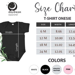 K&ouml;nnte beinhalten: Gr&ouml;&szlig;entabelle f&uuml;r einen T-Shirt-Body mit Ma&szlig;en in Zoll f&uuml;r Breite und L&auml;nge. Die Gr&ouml;&szlig;en umfassen 6M, 12M, 18M und 24M. Die Farboptionen umfassen Wei&szlig;, Schwarz, Sport-Heather, Pink und Rot.