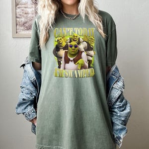 May include: Olive green t-shirt with a Shrek graphic and the text "CAN'T TODAY I'M SWAMPED". The graphic shows Shrek wearing sunglasses and other characters. The shirt has short sleeves and a relaxed fit.