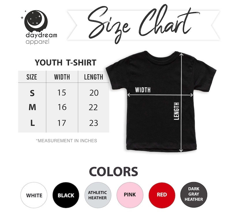 May include: Youth t-shirt size chart with measurements in inches. The chart shows sizes S, M, and L with corresponding width and length measurements. The chart is accompanied by a black t-shirt with the words "WIDTH" and "LENGTH" written on it. Below the chart, there are colour swatches for white, black, athletic heather, pink, red, and dark grey heather.