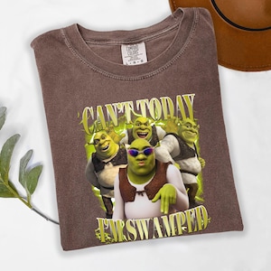 May include: Brown t-shirt with a graphic of Shrek and the text "CAN'T TODAY I'M SWAMPED" in yellow and green. The t-shirt has a crew neck and is made of a soft material.