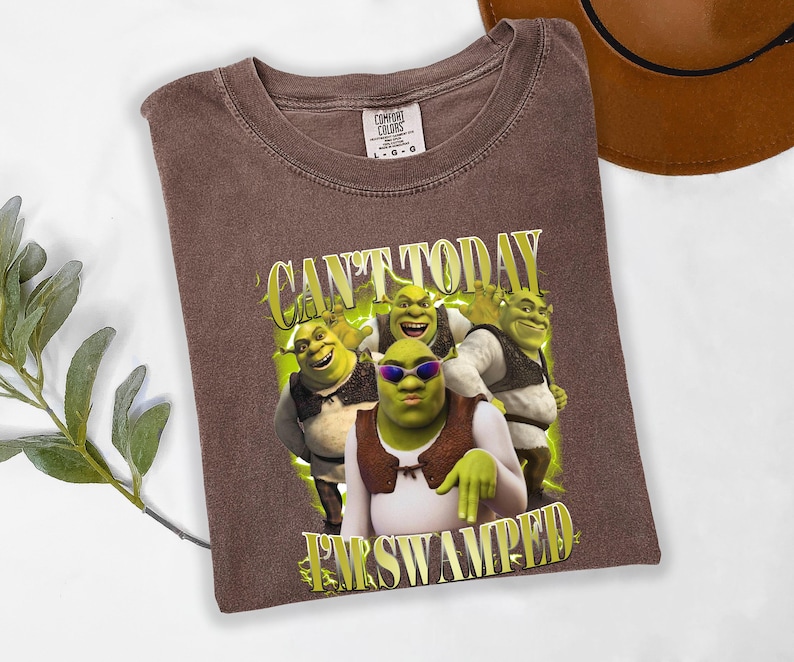 May include: Brown t-shirt with a graphic of Shrek and the text "CAN'T TODAY I'M SWAMPED" in yellow and green. The t-shirt has a crew neck and is made of a soft material.