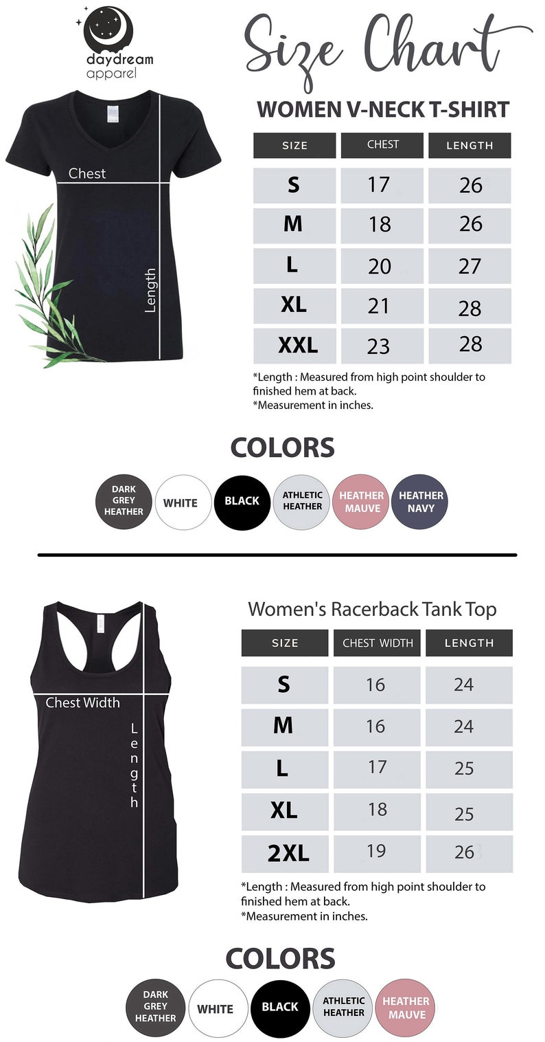 K&ouml;nnte beinhalten: Gr&ouml;&szlig;entabelle f&uuml;r Damen-V-Ausschnitt-T-Shirts und Racerback-Tanktops. Die Tabelle zeigt die Gr&ouml;&szlig;en von S bis XXL mit den entsprechenden Brust- und L&auml;ngenma&szlig;en in Zoll. Verf&uuml;gbare Farben sind dunkelgrauer Melange, Wei&szlig;, Schwarz, Athletik-Melange, Mauve-Melange und Marineblau-Melange.