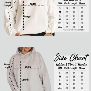 May include: A white crewneck sweatshirt and a gray hoodie with size charts. The charts display measurements in inches for width, length, and sleeve length, ranging from size small to 3XL.