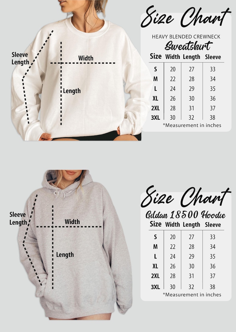 May include: A white crewneck sweatshirt and a gray hoodie with size charts. The charts display measurements in inches for width, length, and sleeve length, ranging from size small to 3XL.