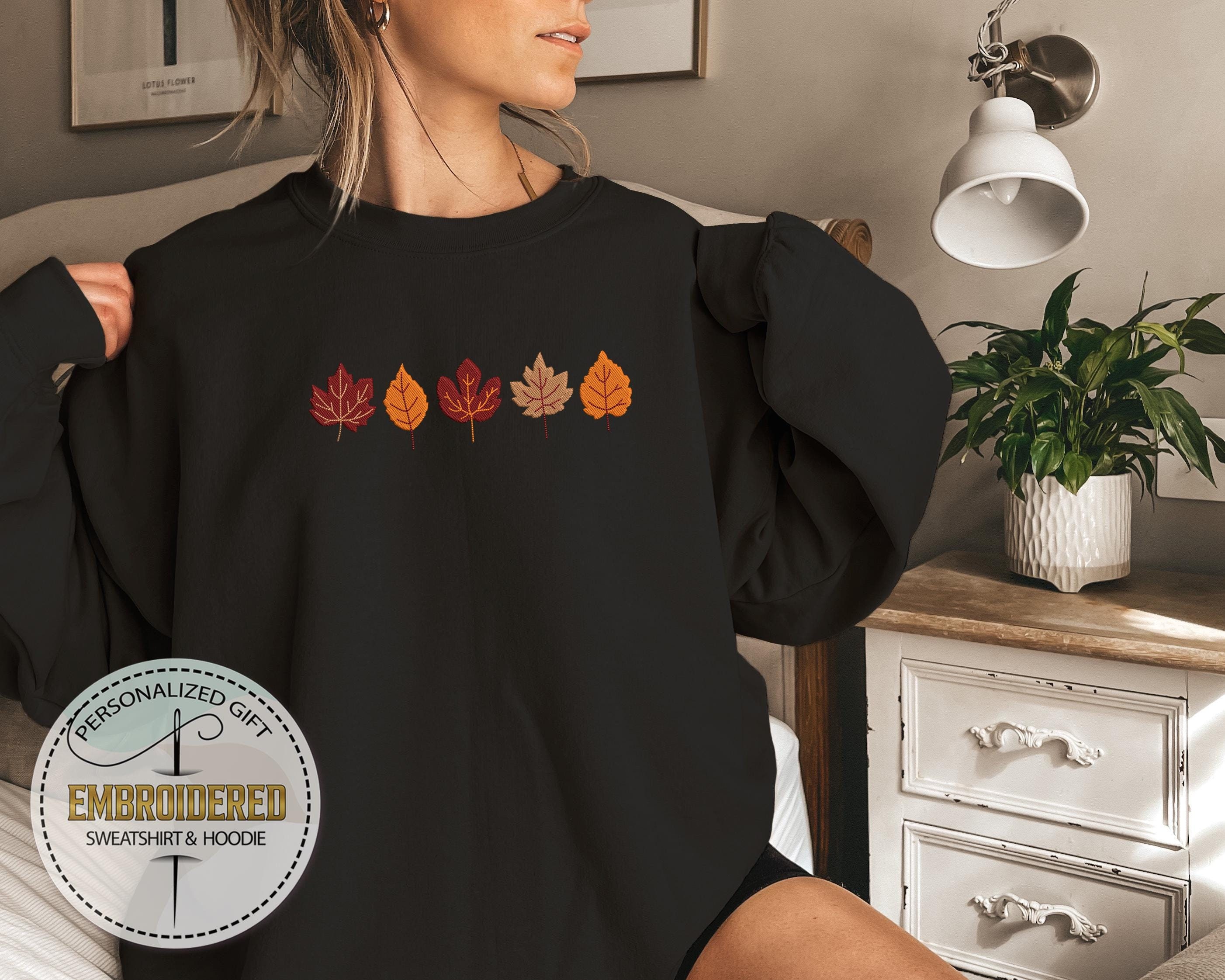 Cute Fall Sweatshirt, Embroidered  Fall Leaves Sweatshirt, Cozy Autumn Embroidered, Falling Leaves Sweatshirt, Fall Embroidered Sweatshirt