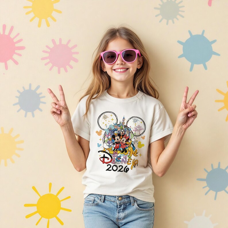 May include: A cream-colored t-shirt featuring a colorful Disney graphic with Mickey and Minnie Mouse, a castle, and the text "Disney 2026." The shirt is worn by a person wearing pink sunglasses and blue jeans.
