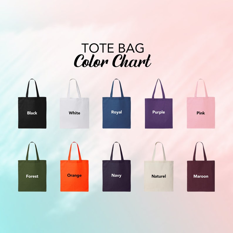 Puede incluir: Una carta de colores de bolsas de mano en varios colores, incluyendo negro, blanco, azul real, morado, rosa, verde bosque, naranja, marino, natural y granate. El texto "TOTE BAG Color Chart" se muestra en la parte superior.