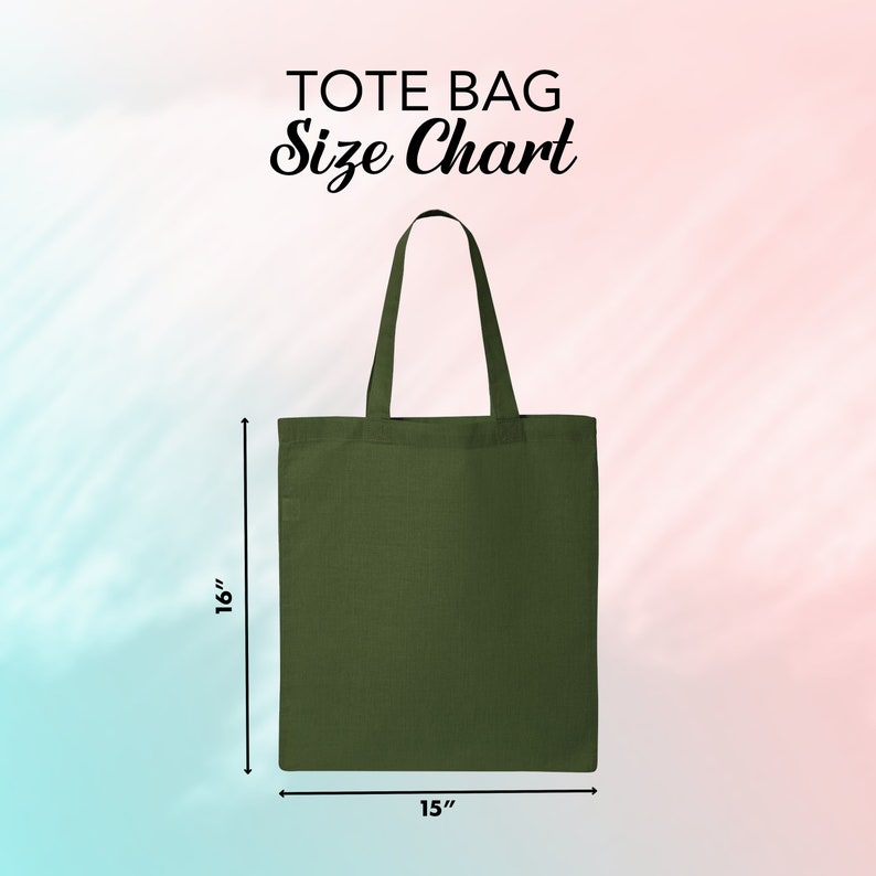Puede incluir: Un bolso tote verde oliva con una tabla de tallas. La bolsa mide 40.6 cm de alto y 38.1 cm de ancho. El texto "TOTE BAG Size Chart" se muestra en la parte superior de la imagen.