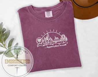 Comfort Colors Embroidered Castle Tee, Disney Skyline Graphic Tee, Magic Kingdom Shirt, Park Day Gift,  Happiest Place On Earth Shirt