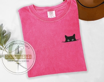 Peeking Cat Embroidered Shirt, Comfort Colors, Black Cat T-Shirt, Cute Kitty Tee, Cat Lovers Gift, Funny Aesthetic Outfit, Cat Hiding Tee