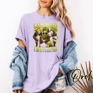 May include: A lilac t-shirt with a Shrek graphic and the text "CAN'T TODAY I'M SWAMPED". The Shrek graphic includes Shrek wearing sunglasses. The t-shirt is a casual style.