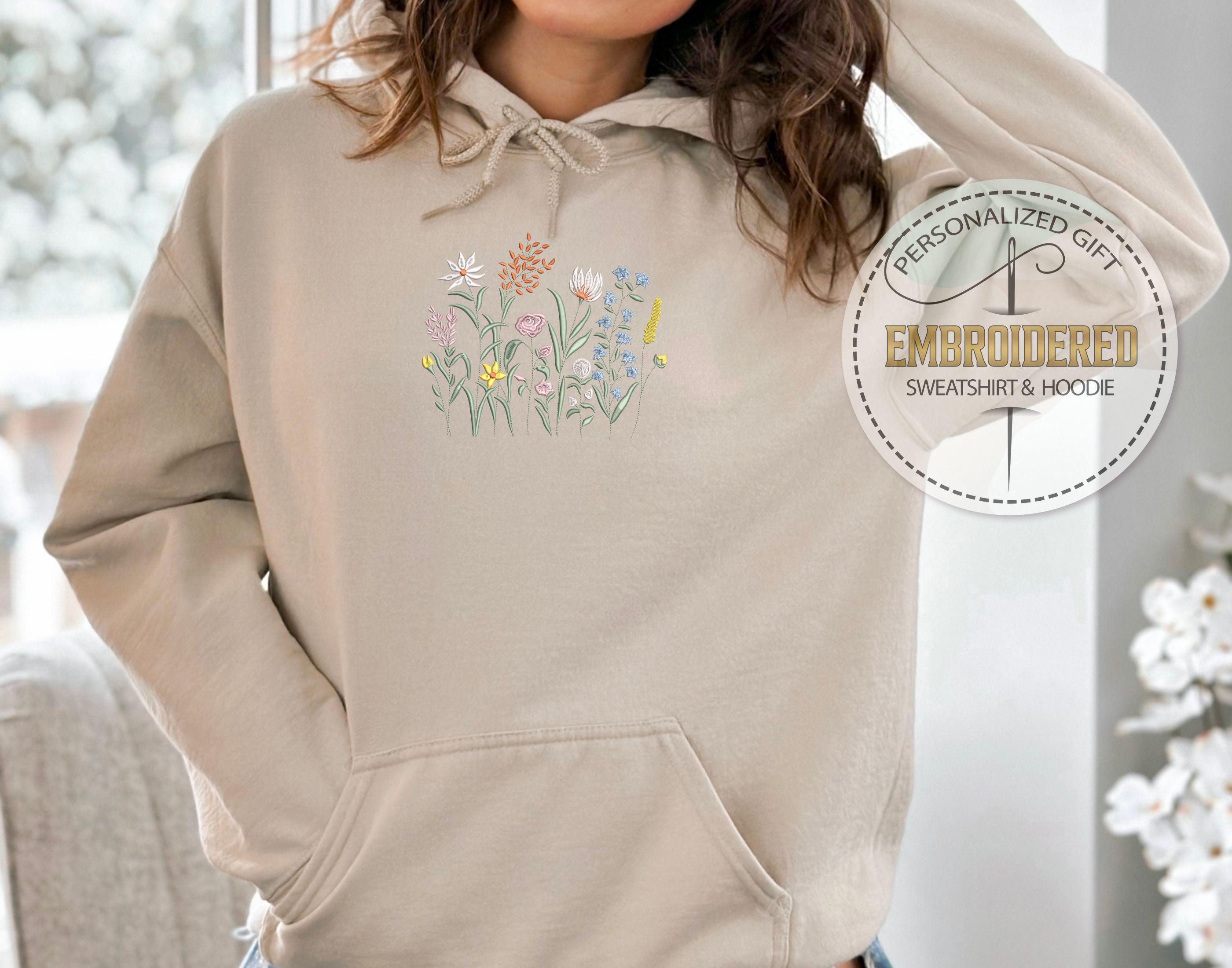 Wildflower Embroidered Sweatshirt, Botanical Floral Crewneck, Cozy ...