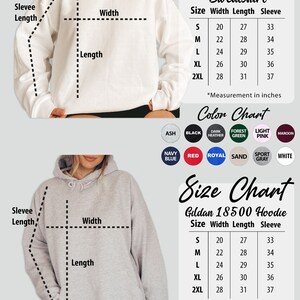 May include: Size chart for a heavy blended crewneck sweatshirt and a Gildan 18500 hoodie. The chart shows the width, length, and sleeve length in inches for sizes S, M, L, XL, and 2XL. The chart also includes a colour chart with various colours for both the sweatshirt and hoodie.