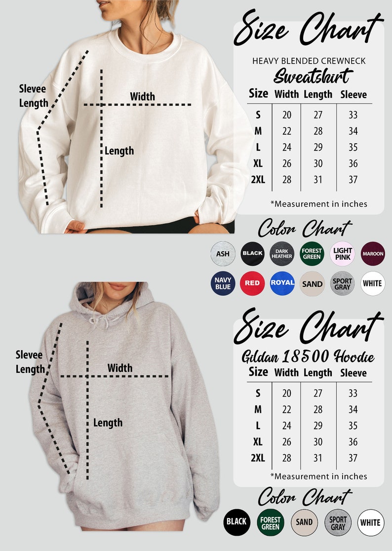May include: Size chart for a heavy blended crewneck sweatshirt and a Gildan 18500 hoodie. The chart shows the width, length, and sleeve length in inches for sizes S, M, L, XL, and 2XL. The chart also includes a colour chart with various colours for both the sweatshirt and hoodie.