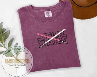 Retro Star Wars Tee, Lightsaber Cross Stitch Shirt, Embroidered T-Shirt, Comfort Colors, Galactic Tee, Custom Thread Tee, Gift For Nerd Fans