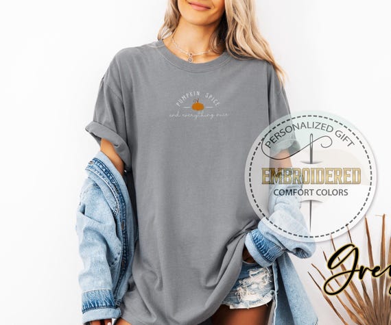 Embroidered Pumpkin Spice Tee, Comfort Colors T-shirt, Cute Autumn Pumpkin Shirt, Fall Coffee Lover Tee, Thanksgiving Gift