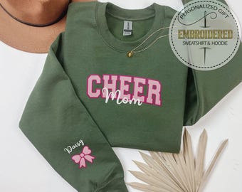 Embroidered Glitter Cheer Sweatshirt, Custom Cheer Mom Name Sweatshirt, Personalized Mom Hoodie, Competition Spirit, Cheer Team Gift