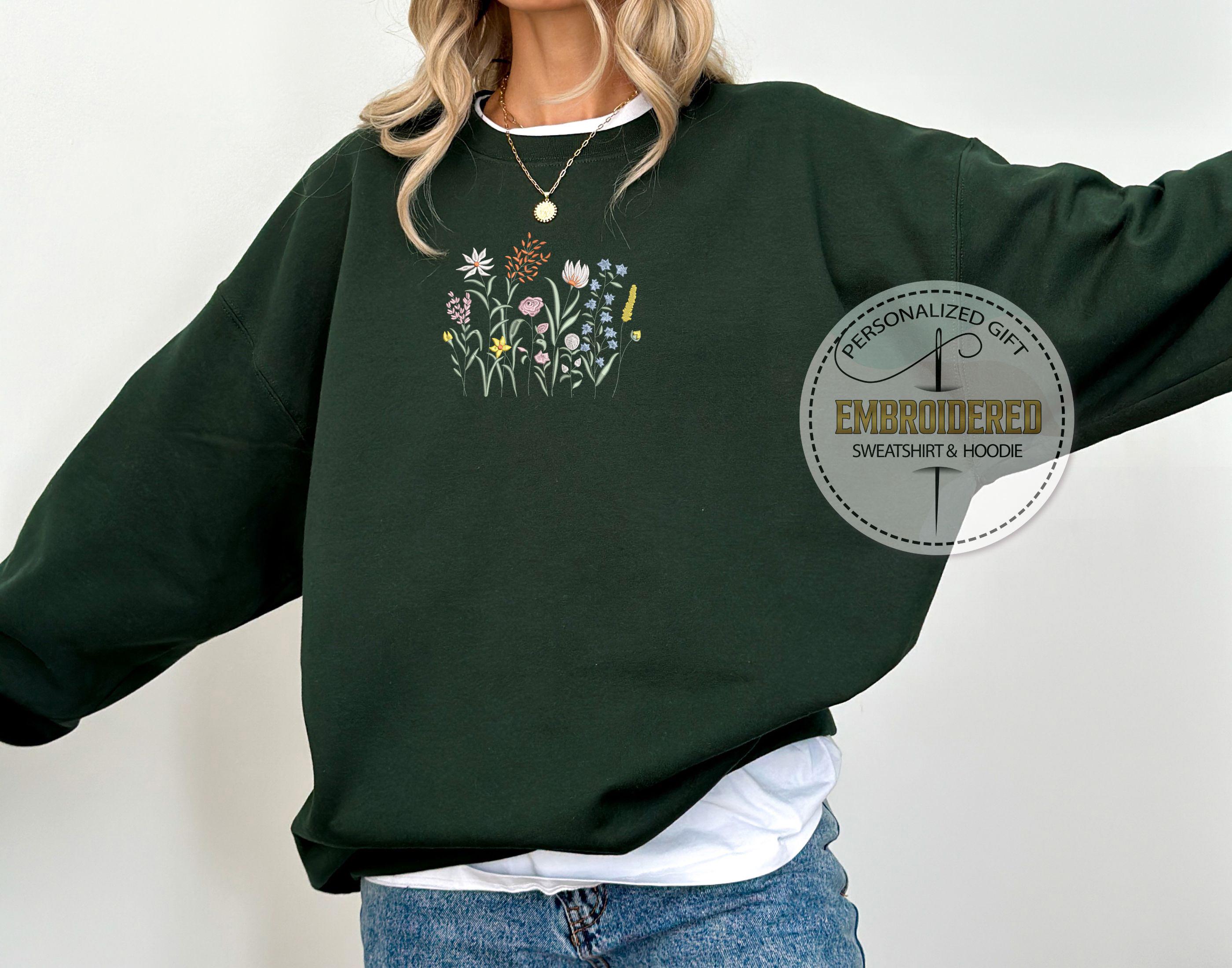 Wildflower Embroidered Sweatshirt, Botanical Floral Crewneck, Cozy ...