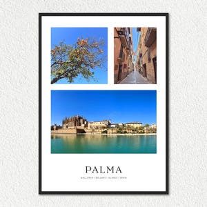 Op de afbeelding: Een collage van foto's die Palma, Mallorca, laten zien. De linkerbovenste afbeelding toont een boom met oranje vruchten tegen een blauwe lucht. De rechterbovenste afbeelding toont een smalle straat die aan beide kanten is omzoomd met gebouwen. De onderste afbeelding toont een uitzicht op de stad met een waterpartij op de voorgrond.