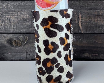 Genuine Brazilian cowhide leather Skinny can Seltzer holder leopard print / Drink Holder / Can Holder. Baseball stitched