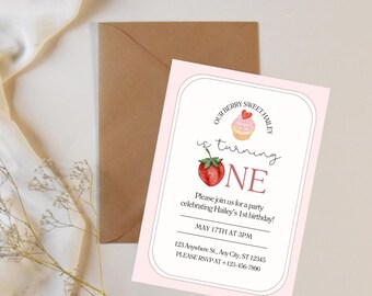 Berry Sweet One Birthday Invite. Editable birthday invitation.