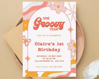 One Groovy Year Invite. EDITABLE 1st birthday invite