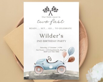 Too Fast Boys Birthday Invite. EDITABLE 2nd Birthday Invite Template