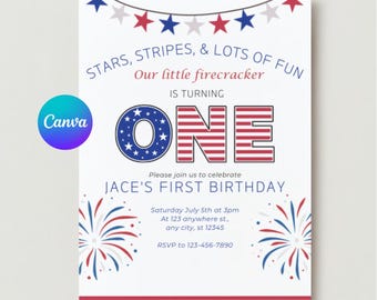 EDITABLE 4th of July Birthday Invitation. Stars, Stripes and Lots of Fun Invite,  Printable template Instant Download