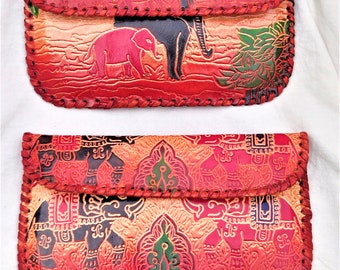 Handmade Traditional Shantiniketan art leather women's wallet pouch combo, orange tan, elephants (pack of 2)