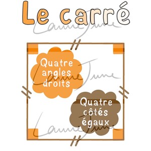 May include: An illustration of a square with the French word "Le carré" at the top. The square has four right angles and four equal sides. The words "Quatre angles droits" and "Quatre côtés égaux" are written in orange and brown clouds.