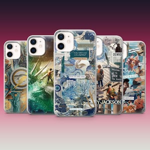 May include: A selection of phone cases with diverse designs. One case showcases a collage of blue and white imagery with text. Other cases display illustrations of characters and scenes, with text including "Riptide" and "Y Jackson".
