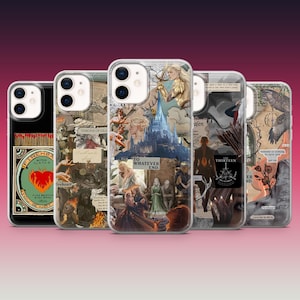 May include: A selection of clear phone cases with different designs. One case displays a heart and text, another has a collage with figures and text, and others feature fantasy art with figures, castles, and text. The cases are set against a gradient background.