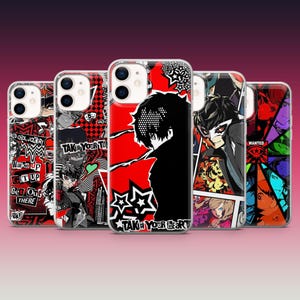 May include: Five phone cases with colourful designs. The cases display anime-style characters, text including "TAKE YOUR HEART", and striking red, black, and white colour schemes. Each case has a transparent border.