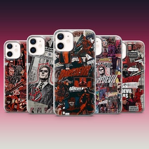May include: A collection of five phone cases featuring a collage design with comic book art. The cases showcase a variety of images, including the text "DAREDEVIL" and illustrations of the character in action. The color palette includes red, black, and white.