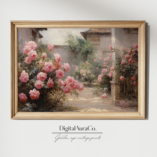 Rose Garden Oil Painting | Cottage Wall Art Decore | Vintage Oil Painted Rose Garden | PRINTABLE Digital Download | Homely Oilpainting