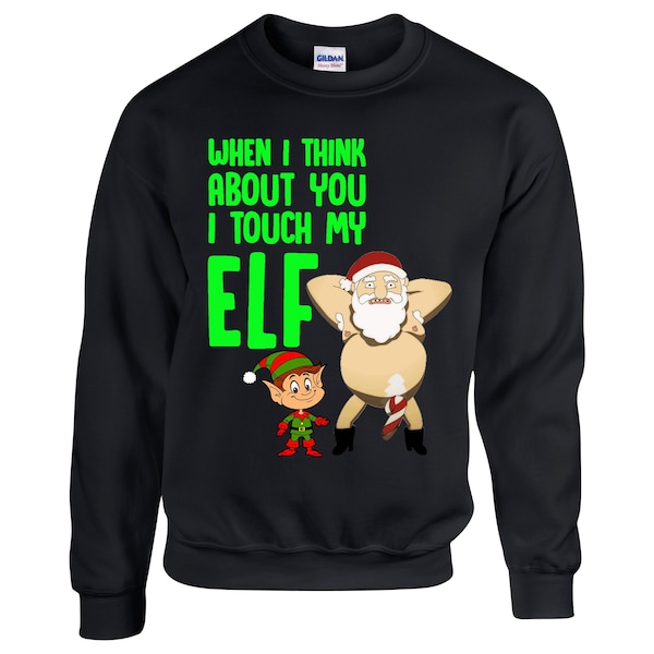When I think of you I touch my elf fun/novelty /humorous Christmas jumper. Christmas party jumper festive clothing.. Ugly Christmas jumpers.