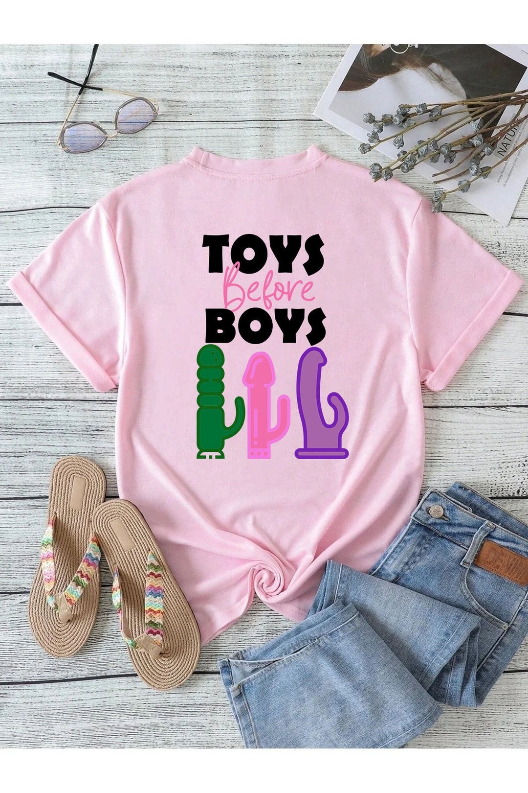 Toys Before Boys Fun Adult Humour Womens Pink Tshirt, Womens Fashion