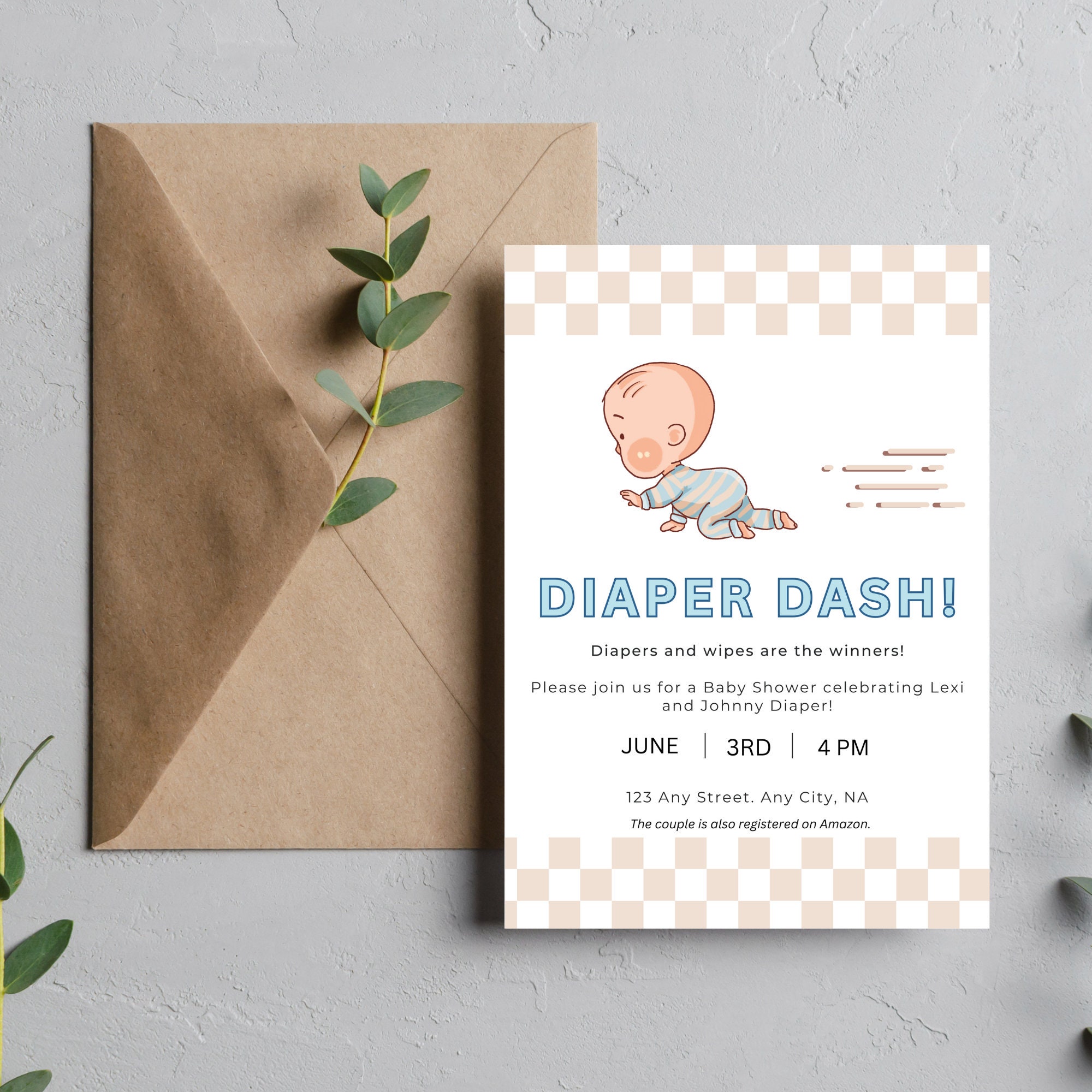 Diaper Dash Baby Shower, Baby Sprinkle or Diaper Keg Invitation 