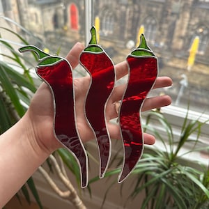 Spicy Long Pepper Suncatchers, Lead Free & Handcrafted Stained Glass Chili, Cubanelle Pepper Decor