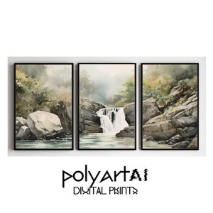 May include: A set of three framed watercolour paintings depicting a misty forest scene with a waterfall flowing through the rocks. The paintings are in black frames and are arranged horizontally.