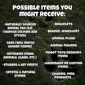 May include: A list of items titled POSSIBLE ITEMS YOU MIGHT RECEIVE: naturally sourced animal tail clip, ears, keychains, stickers, art prints, crystal, natural stones, bracelets, beaded jewelry, animal plush, animal figures, fidget toys, sensory items, handmade or custom items, charms, pins, and pendants.