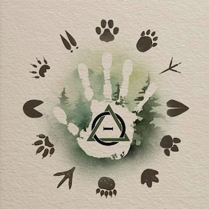 May include: A textured print featuring a central white handprint silhouette filled with a green forest scene. Overlaid on the palm is a black triangle containing a circle and the Greek letter Theta. Twelve dark animal tracks encircle the handprint.