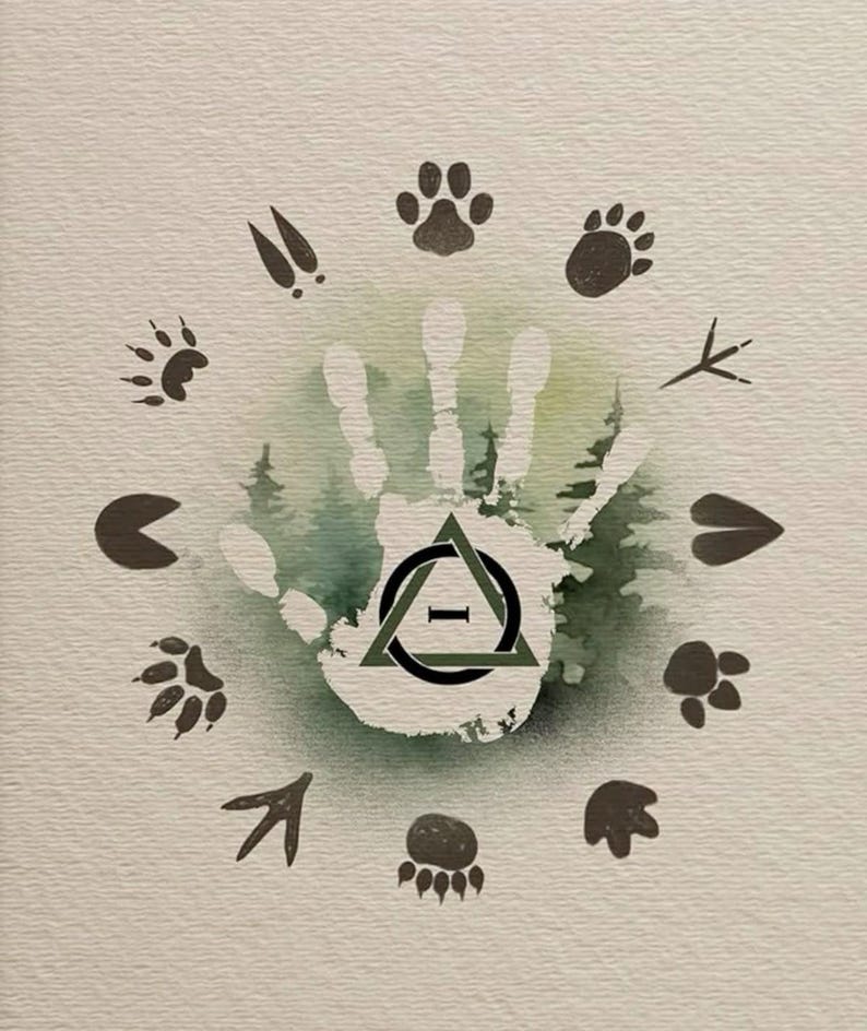 May include: A textured print featuring a central white handprint silhouette filled with a green forest scene. Overlaid on the palm is a black triangle containing a circle and the Greek letter Theta. Twelve dark animal tracks encircle the handprint.