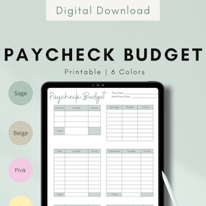 Simple Paycheck Budget Template Printable, Paycheck Budget Printable, Budget Planner, Budget Template PDF, 6 Color Options