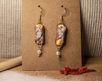 Sicilian Cannoli Earrings, Handmade, Pearl Earrings, Unique gift, Sicilian Jewellery, Gift for Girlfriend, Birthday Gift, Foodie Gift